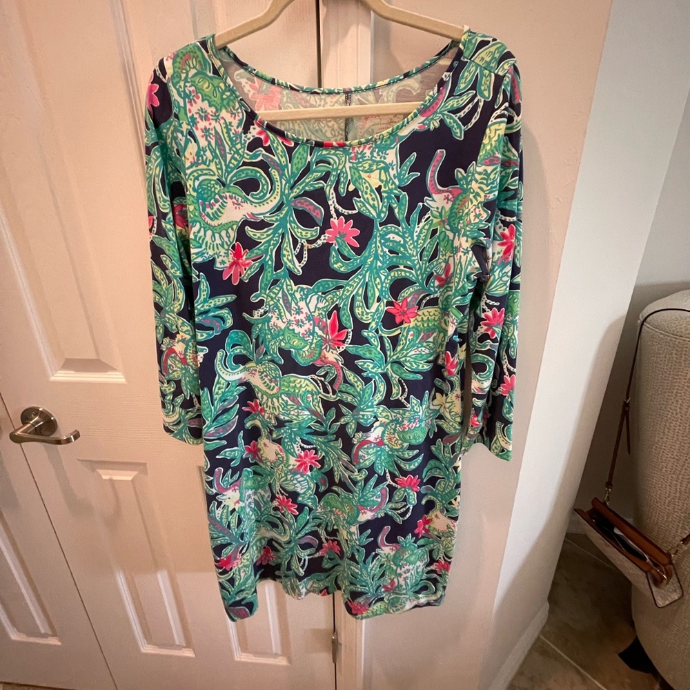 Floral Print Dress with Green , navy, and Pink Accents,  Lily Pulitzer